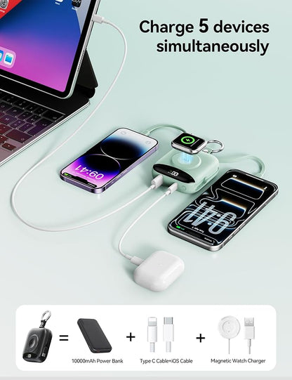 Portable Charger Power Bank, 10000mAh Fast Charging Power Bank with Built-in Cables, Travel Keychain Battery Pack with LED Display for iPhone Samsung Android iPad iWatch Charger 11/10/9/8/Ultra,Green
