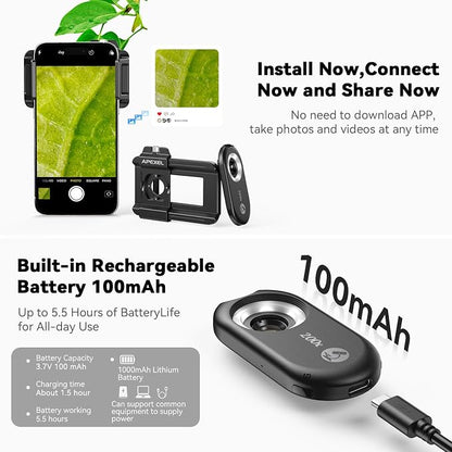 APEXEL 3-in-1 Phone Microscope Lens, PhoneMicro 5 Series 100X/150X/200X Phone Micro Lens for Android/iPhone with LED Light/CPL/Universal Clip, Phone Lens Attachment Mini Pocket Microscope Camera