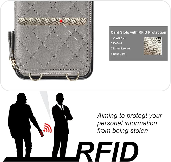 Bocasal Crossbody Wallet Case for iPhone 11 Pro Max, RFID Blocking PU Leather Zipper Handbag Purse Flip Cover, Kickstand Folio Case with Card Slots Holder Wrist Strap Lanyard 6.5 Inch (Grey)