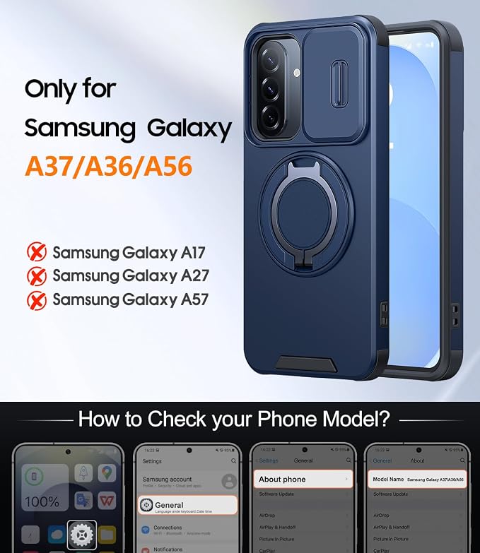 JAME for Samsung Galaxy A37/A36/A56 5G Case, Ring Holder Stand Kickstand, Slide Camera Cover, 2 Screen Protectors, Dual-Layer Shockproof Protective, Magnetic Accessory Friendly Phone Case, Blue