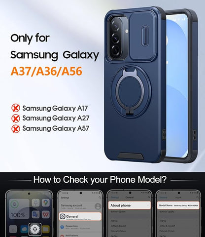 JAME for Samsung Galaxy A37/A36/A56 5G Case, Ring Holder Stand Kickstand, Slide Camera Cover, 2 Screen Protectors, Dual-Layer Shockproof Protective, Magnetic Accessory Friendly Phone Case, Blue
