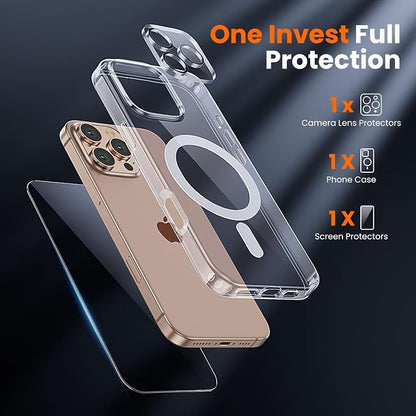 3 in 1 for iPhone 16 Pro Max Case Clear with MagSafe, Not Yellowing, Screen Protector*1 Camera Lens Protector*1, Military-Grade Protection for iPhone 16 Pro Max Phone Case 6.9 inch Clear