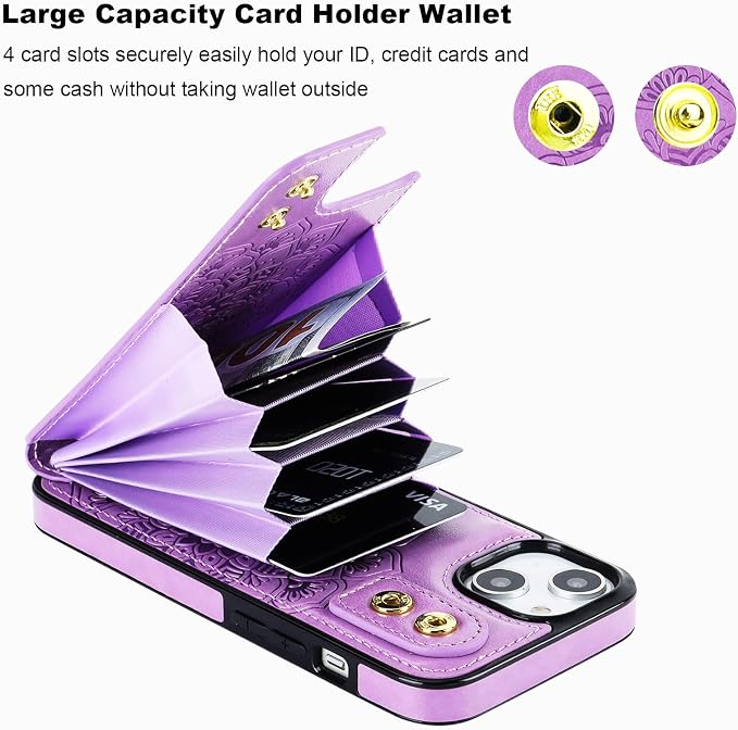 HAOPINSH for iPhone 13/ iPhone 14 Wallet Case with Card Holder, 360°Rotation Ring Kickstand, Purple Mandala Pattern, RFID Blocking Leather for Girls Women, Double Buttons Flip Cover 6.1"