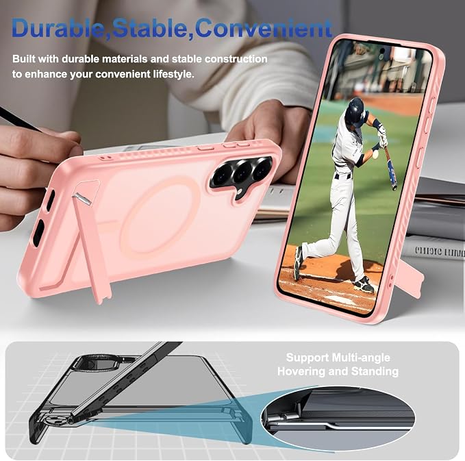 for Samsung Galaxy S25 FE Case with Screen Protector+Lanyard Wrist Strap,Magnetic Translucent Matte Rugged Slim Phone Cover Built in Invisible Kickstand [Fit for MagSafe],2025 Cute Pink