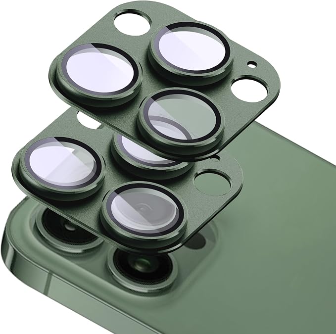 2-Pack Shatterproof Camera Lens Protector for iPhone 13 Pro/13 Pro Max |AR Tempered Glass Strong Adsorption Metal Camera Cover Screen(Dark green)
