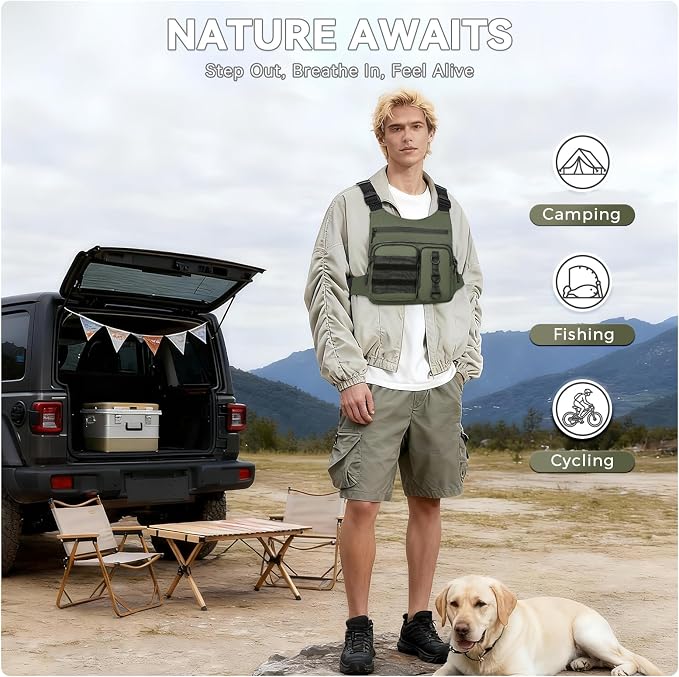 Criuage Outdoor Chest Bag for Men, Lightweight Running Vest with Water Bottle Pocket, EDC Chest Pack for Hiking, Cycling