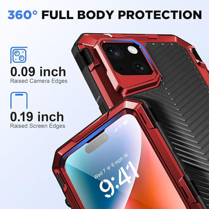 Beasyjoy for iPhone 14 Waterproof Case, Metal Heavy Duty Case with Built-in Tempered Glass Screen Protector, Military Grade Shockproof Full Body Protection, Rugged Phone Case for iPhone 14, Red