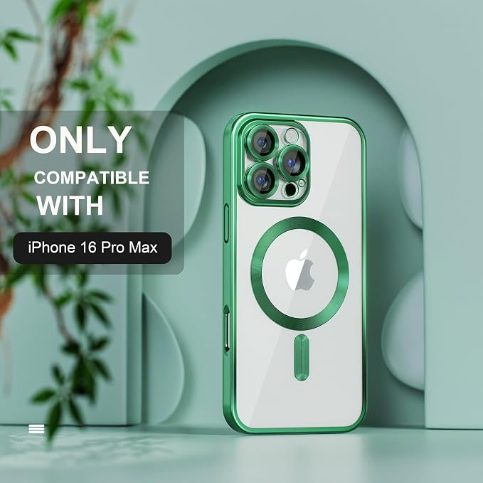 Misea Magnetic for iPhone 16 Pro Max Case Compatible with MagSafe [Never Yellowing] [Military Grade Drop Protection] Full Camera Lens Protector Plating Soft Clear Phone Case for Women 6.9", Green