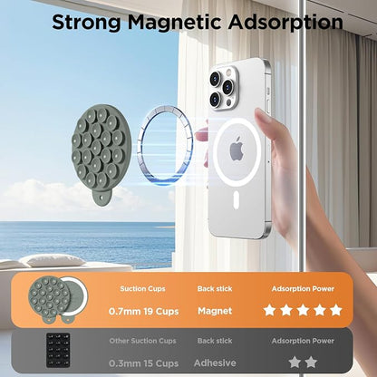 Magnetic Suction Cup Phone Mount with MagSafe, Silicone Hands-Free Grip Holder for iPhone Case and Android, Mirror Shower Phone Stand for Makeup FaceTime Gym Kitchen Bathroom, Calke Green