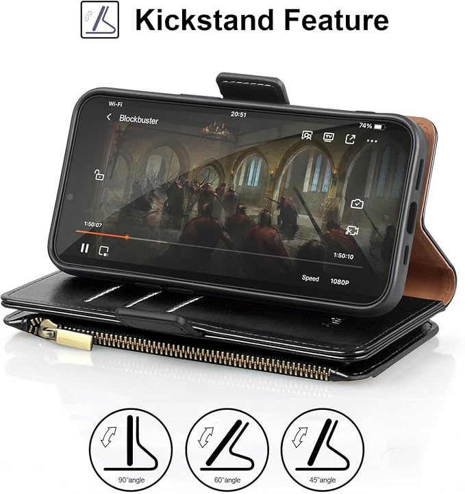 Antsturdy Compatible with iPhone 16 Plus Wallet Case,RFID Blocking PU Leather Phone Case Women Men Kickstand flip Cover Wrist Strap Zipper Credit Card Holder Slots for Apple 16 Plus 6.7",Black