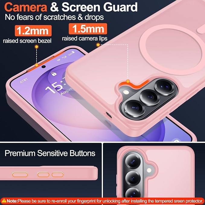 MOZOTER for Samsung Galaxy S26 Case with Magnetic,[Compatible with MagSafe][12Ft Military Dropproof][2*Screen Protector] Translucent Anti-Slip Back Slim Shockproof Case for S26-Pink