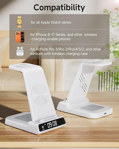 Wireless Charger for iPhone 17, 3 in 1 Charging Station for Apple Watch Watch 11/10/9/8/7/6/5, Ultra 3/SE 3, for iPhone 17/16/15/14/13/12/11/X Series, for Air Pods Pro 3/4/Pro 2/3/Pro (No Adapter)