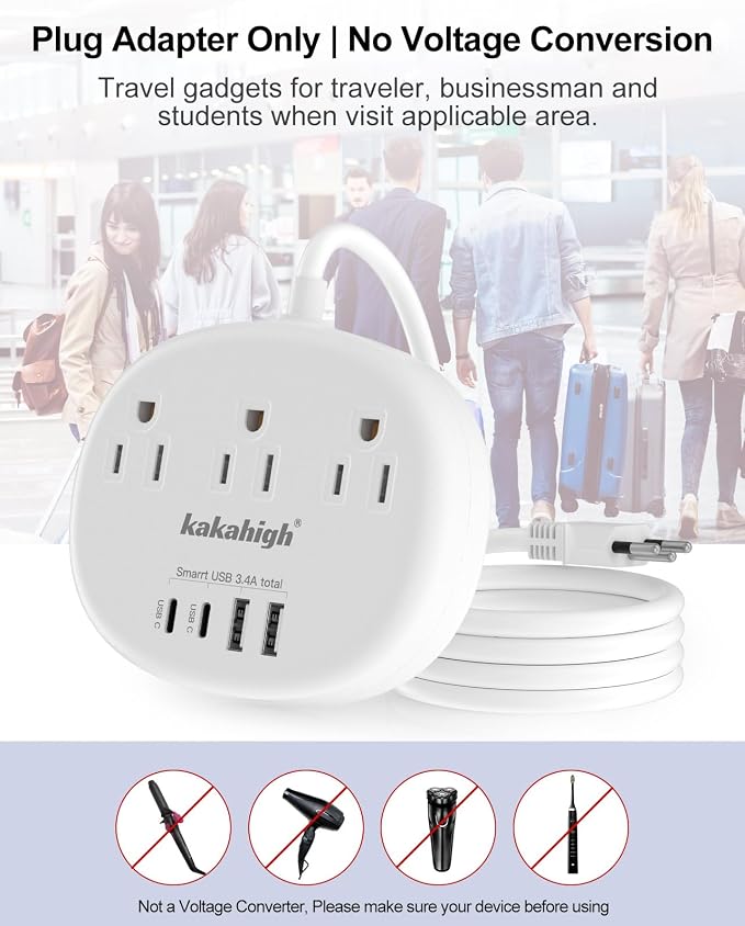 Brazil Power Adapter, Brazil Extension Cord 3FT | Outlet Adapter for Brazil with 3 American Outlets 4 USB Ports (2 USB-C) Total 24W, Type N Plug Adapter for Brazil
