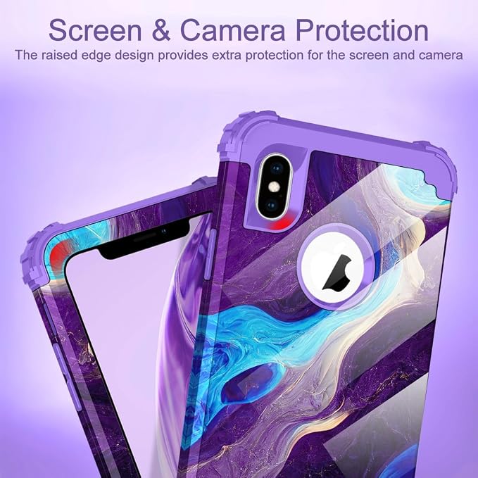 Hocase for iPhone Xs Max Case, Heavy Duty Shockproof Protection Soft Silicone Rubber+Hard Plastic Bumpers Hybrid Protective Case for iPhone Xs Max (6.5") 2018 - Blue Purple Marble