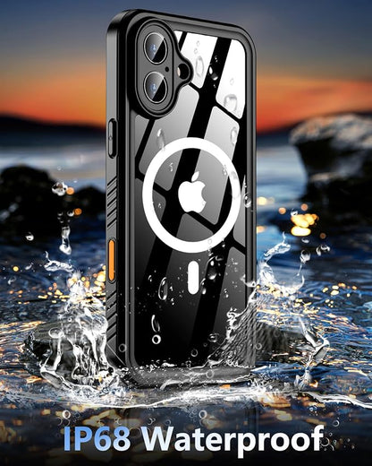 Oterkin Waterproof Case for iPhone 16 Case Compatible with MagSafe, 360° Full Body Rugged 16 Phone Case with Built-in HD Screen & Lens Protector [12FT Military Grade] Shockproof Case (Black)