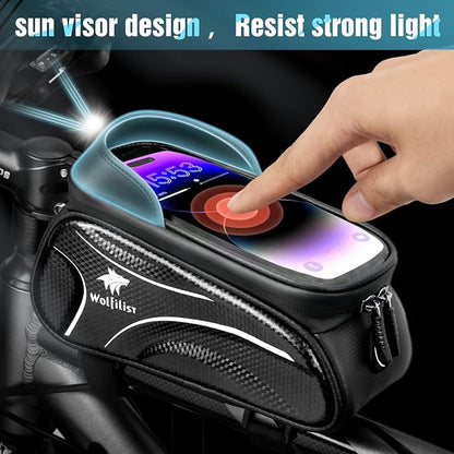 WOLFILIST Bike Bag - Waterproof Bike Frame Bag with Sun-Visor Rain Cover, Bike Phone Holder with TPU Sensitive Touch Screen, Handlebar Bag Bicycle Accessories, Large Capacity Suitable Phone Under 7"