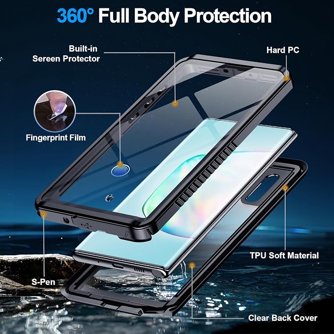 MOZOTER for Samsung Galaxy Note 10 Plus Case Waterproof,[IPX8 Underwater Case][Full Body Shockproof & Military Dropproof] Built-in Screen Protector for Samsung Note 10+ Plus 6.8 inch-Black