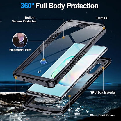 MOZOTER for Samsung Galaxy Note 10 Plus Case Waterproof,[IPX8 Underwater Case][Full Body Shockproof & Military Dropproof] Built-in Screen Protector for Samsung Note 10+ Plus 6.8 inch-Black