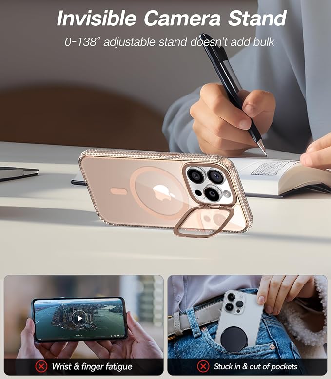 [Upgraded] for iPhone 15 Pro Max Case with Camera Cover Stand [Fit for MagSafe][9H Camera Lens Protector] Mil-Grade Protection Transparent Magnetic iPhone 15 Pro Max Phone Case, Clear Gold