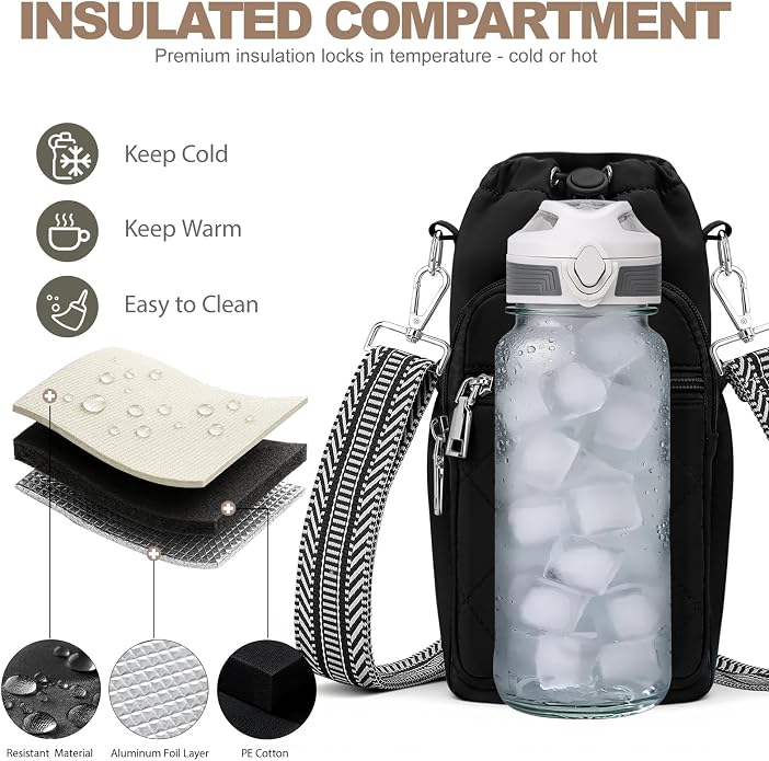 SYTRAH Water Bottle Carrier Bag with Strap, Water Bottle Purse with Phone Pocket 40oz for Walking Hiking