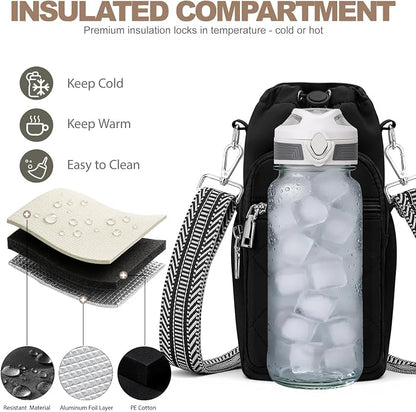 SYTRAH Water Bottle Carrier Bag with Strap, Water Bottle Purse with Phone Pocket 40oz for Walking Hiking