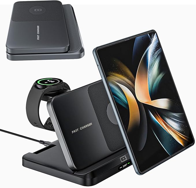 for Samsung Galaxy Z Fold 7 6 5 4 Wireless Charger Station, 3 in 1 Foldable Charging Stand Fast Charging Dock for Galaxy Z Flip 7 6 5 4 / Z Trifold/Galaxy S25/S26 Ultra/Galaxy Watch/Galaxy Buds