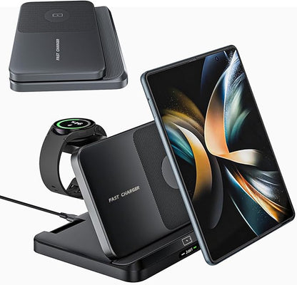 for Samsung Galaxy Z Fold 7 6 5 4 Wireless Charger Station, 3 in 1 Foldable Charging Stand Fast Charging Dock for Galaxy Z Flip 7 6 5 4 / Z Trifold/Galaxy S25/S26 Ultra/Galaxy Watch/Galaxy Buds
