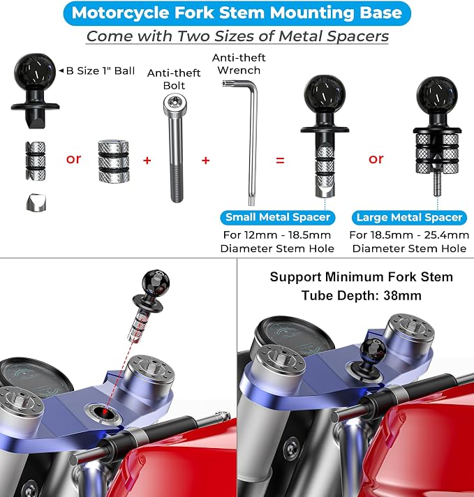 VAZESWIN Motorcycle Fork Stem Phone Mount [Vibration Dampener] [Anti-Shake] One-Handed Operation Motorcycle Cell Phone Holder, Fit 12mm-25.4mm Diameter Fork Stem Tube, for 5.4"-7.2" Smartphone