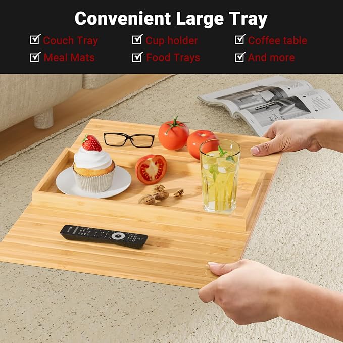 Couch Arm Tray,Sofa Arm Tray Bamboo Sofa Tray Table for Couch,Anti-Slip Arm Table Clip On Tray Sofa Table,Foldable Sofa Armrest Tray Couch Cup Holder for Snacks,Phone,Remote,Cups