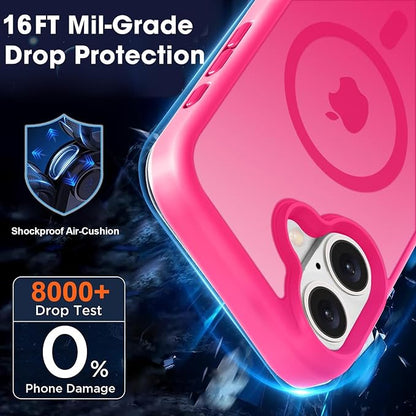 MOCCA Strong Magnetic for iPhone 16 Case, [Compatible with Magsafe][16FT Mil-Grade Drop Protection] Slim Thin Translucent Matte Protective Cover Case for iPhone 16 Phone Case 6.1", Hot Pink