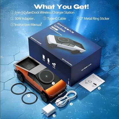 CyberDock 3-in-1 Wireless Charging Station, Cybertruck 1:25 Scale Charger with Qi2 Certified 15W Charging for iPhone iWatch AirPods, Magnetic Rotating Charger with Ambient Light, 30W Adapter, Orange