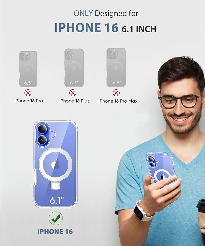 for iPhone 16 Case, with Screen Protector + Camera Lens Protector, Built-in Seamless Stand, [Compatible with MagSafe] Protective Shockproof Phone Case, Cover for iPhone 16 6.1 Inch - Clear