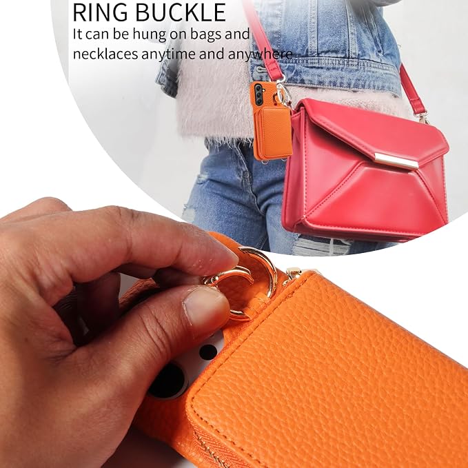 Wallet Case for Samsung Galaxy A36 5G with Shoulder Strap Ring Buckle, PU Leather Zipper Flip Organ Purse, Credit Card Holder Stand Full Body Cell Phone Cover for A 36 36A LTE SM-A366U Orange