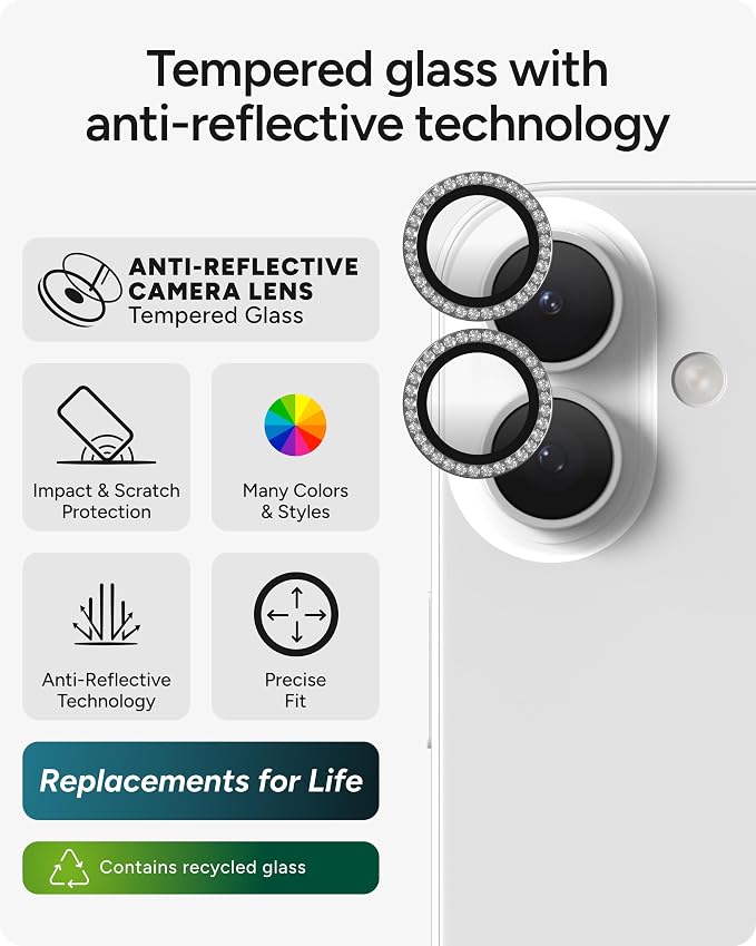 ZAGG iPhone Camera Lens Protector for iPhone 17/16/ 16 Plus - Diamond, Camera Ring, Maximum Impact & Scratch Protection, Anti-Reflective Technology, Smudge-Resistant, Precise Fit, Glass Elite