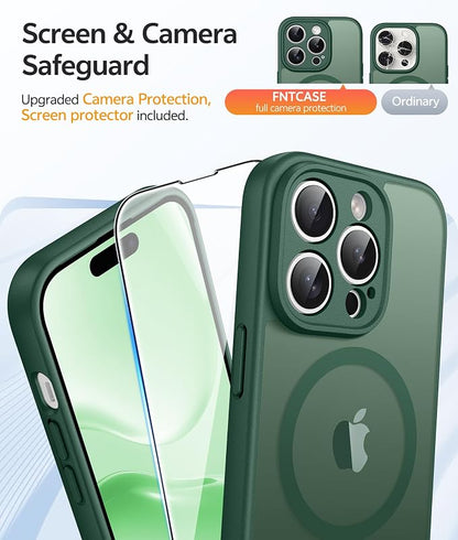 FNTCASE for iPhone 14 Pro Case: [Compatible with Magsafe] Translucent Matte Cases with [Full Camera Protection] [Screen Protector] Military Grade Shockproof Protective Phone Cover - Green