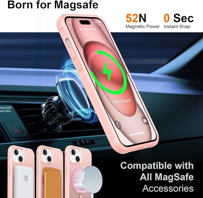 360° Magnetic Swivel Ring for iPhone 15case, Built-in Metal Stand and Ring Holder, Magsafe Compatible, Military Grade Protection, Shock and Vibration Resistant - Pink