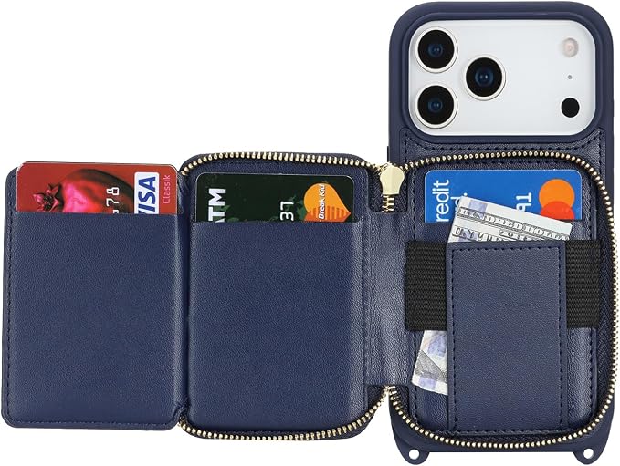 Crossbody Wallet Case for iPhone 17 Pro, PU Leather Zipper Handbag Purse Flip Cover, Kickstand Folio Case with Card Slots Holder Wrist Strap Lanyard 5G 6.3 Inch-Blue