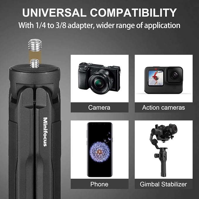 MINIFOCUS Aluminum Mini Tripod, Tabletop Handheld Tripods with 1/4'' and 3/8'' Screw, Portable Mini Travel Stand, Phone Holder for Gimbal Stabilizer DSLR Camera and Monopod