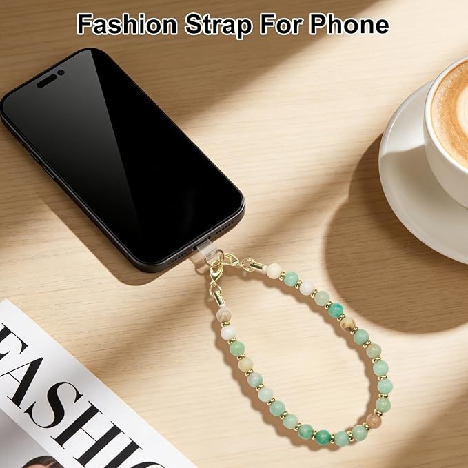 TEAMOLA Natural Stone Phone Charm, Handmade Crystal Cellphone Chain for Universal, Beaded Healing Anti Theft Phone Wrist Strap with Tether Tab, Amazonite