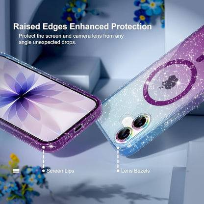 Choiche Magnetic for iPhone 17 Case Compatible with MagSafe, Women Cute Glitter Sparkly Phone Case with Diamond Camera Lens Protectors, Military-Grade Drop Protection 6.3" (Blue/Purple)