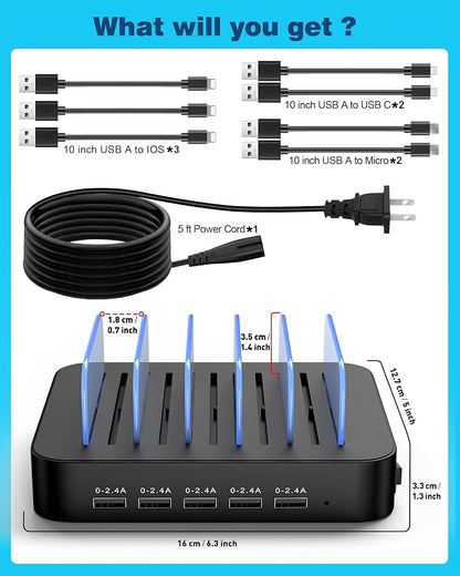 MSTJRY Charging Station for Multiple Devices : 5 Port Multi USB-A Charger Stations Multi-Device Organizer Charging Dock Designed for iPhone iPad Cell Phone Tablets (7 Short Cables Included), Black