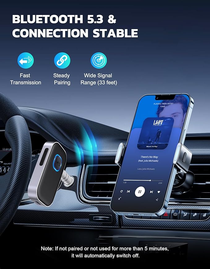 COMSOON Bluetooth Receiver for Car, Noise Cancelling 3.5mm AUX Bluetooth Car Adapter, Wireless Audio Receiver for Home Stereo/Wired Headphones, Hands-Free Call, 16H Battery Life - Black+Silver