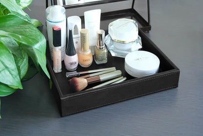 HofferRuffer Faux Leather Vanity Tray, Elegant Desktop Storage Organizer, Decorative Catchall for Perfume, Bathroom Valet, Nightstand or Dresser, Black, 10.2 x 8.4 x 1.8 Inches