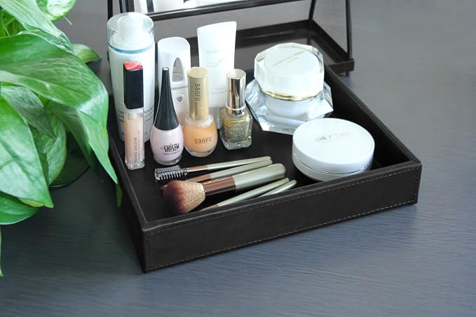 HofferRuffer Faux Leather Vanity Tray, Elegant Desktop Storage Organizer, Decorative Catchall for Perfume, Bathroom Valet, Nightstand or Dresser, Black, 10.2 x 8.4 x 1.8 Inches (Pack of 2)