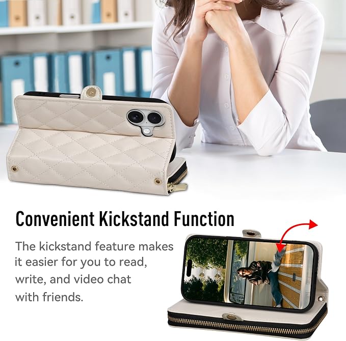 Rssviss Crossbody Case for iPhone 17 Case Wallet, RFID Blocking Leather with Card Holder Kickstand, Handbag Zipper Flip Cover with Wrist Strap for iPhone 17 Men Women 6.3", White