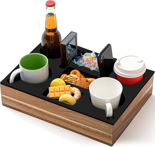 Yerliker Couch Cup Holder Tray, Silicone Lining Couch Caddy Waterproof Anti-spill Sofa Cup Holder for Bed Car Seat Organizer, Hold Mugs, Drinks, Snacks, Phones, Remotes(Rectangle,Black,Acacia)