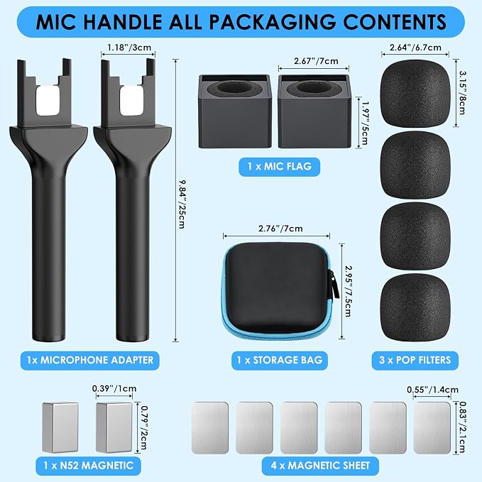 Handheld Adaptor for Interview Mic, 2 Packs Wireless Mic holders for DJI/Rode/Hollyland Lark Lavalier, Universal Magnetic Microfono Stand with Foam Windshield & Flag Station for Interview/Vlogging