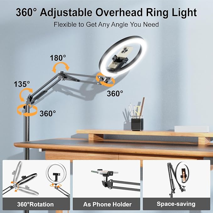 Latest Ring Light with Stand Tripod for iPhone, Overhead Phone Camera Mount with Light and Phone Holder Stand for Recording, 10” Selfie Light for Video,Streaming,Photography, Tiktok, YouTube