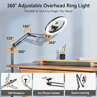 Latest Ring Light with Stand Tripod for iPhone, Overhead Phone Camera Mount with Light and Phone Holder Stand for Recording, 10” Selfie Light for Video,Streaming,Photography, Tiktok, YouTube