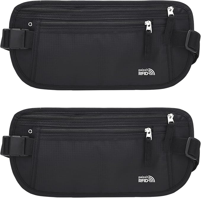 Unisex Money Belt For Men and Women, Slim Passport Holder RFID Blocking Travel Essentials Pouch with Adjustable Strap Small Waist Pouch for Workout Running Travelling Hiking (Black 2 Packs)